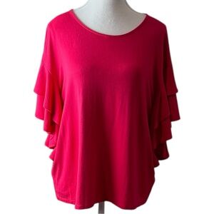 Cupio Red Ruffle Sleeve Top Women’s L/G Stretch Blouse Layered Flutter Sleeve